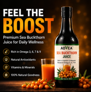 Bottle of Advea Sea Buckthorn Juice with fresh berries and wellness benefits for immunity, antioxidants, and omega nutrition.