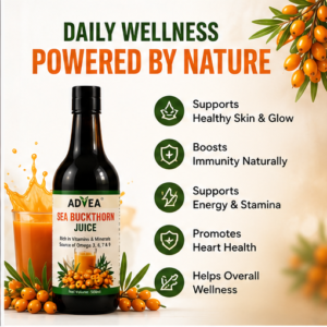 Advea Sea Buckthorn Juice showcasing benefits for skin glow, immunity, heart health, and energy support.