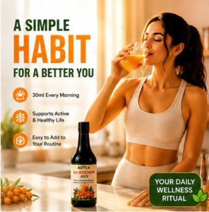 Woman drinking Sea Buckthorn Juice as part of a healthy morning wellness routine with Advea juice bottle displayed.