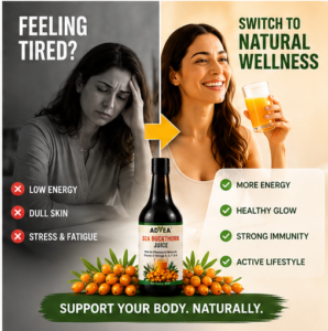 Before and after wellness concept showing tiredness versus healthy lifestyle with Sea Buckthorn Juice.